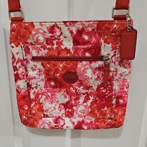 Coach Y2K Nylon Abstract Red and Pink Floral Crossbody Bag